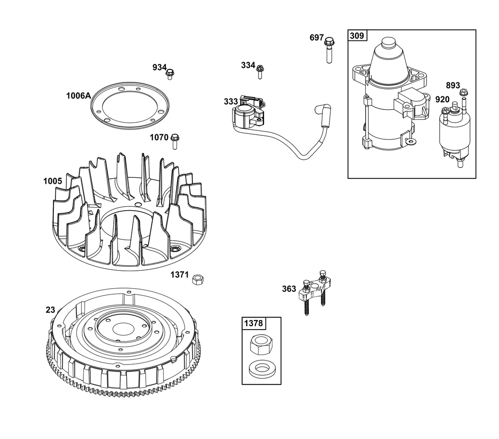 Flywheel, Ignition, And Starter Group Diagram and Parts List for 54E177-0108-J1 400000 - 699999 Briggs and Stratton Engine